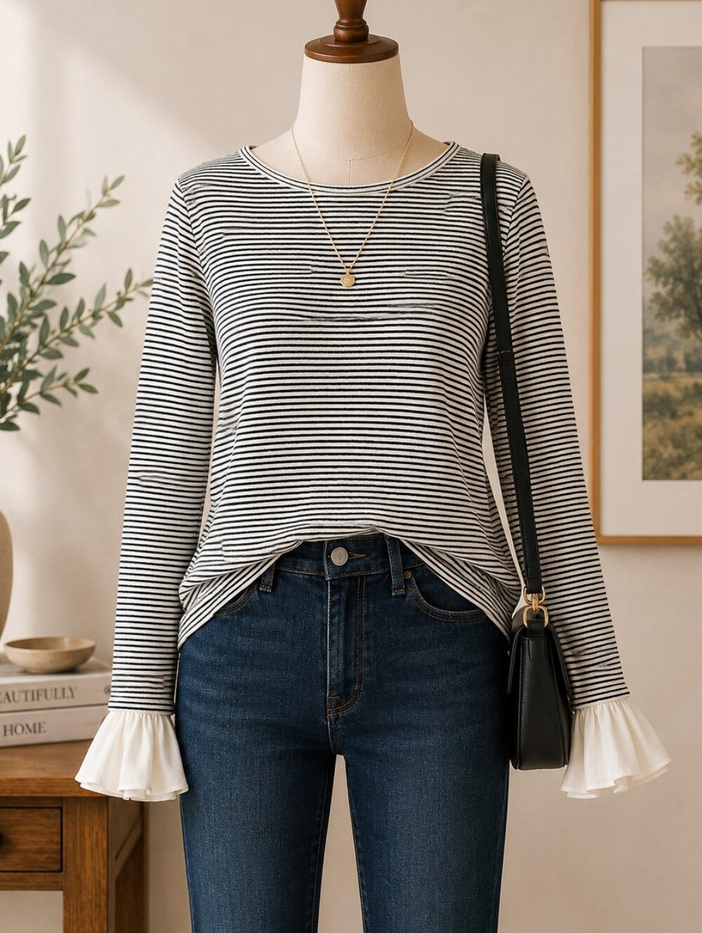 LOFT Striped Ruffle Cuff Sweater Black White Size Medium